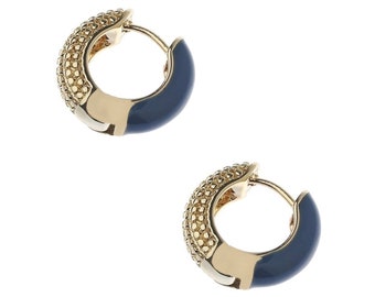 Blue Enamel and Gold Hoop Earrings