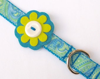 Paisley Blue Dog Collar, Felt Flower, Small Breed