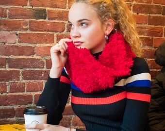 Reversible Cowl Scarf, Furry Fleece, red and black scarf, circle scarf, fall weather, cold weather. neck warmer, scarf women, cowl neck