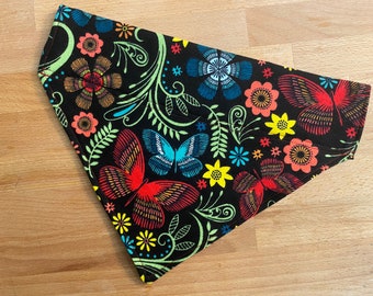 Over the collar Dog Bandana, Flowers & Butterflies, slide on, 4 sizes, slip on