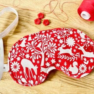 Cozy Sleep Mask: Red Woodland Animals Print, Adjustable Blindfold image 1