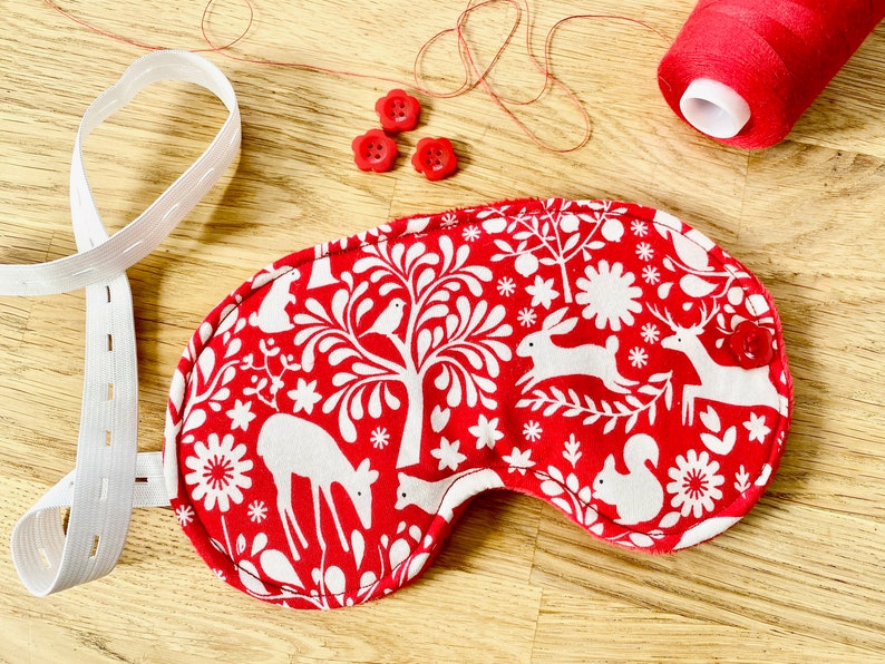 Cozy Sleep Mask: Red Woodland Animals Print, Adjustable Blindfold image 1