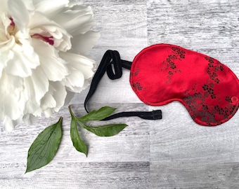 Cherry Blossom Sleep Mask, travel accessory, blindfold, for adults, fabric eye mask, satin, unisex, blackout, napping, plane flights, red