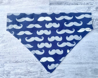 Mustache Dog Bandana, Reversible, slide on, 4 sizes, slip on, denim, neckerchief, for pet, boy, male, dog, cat