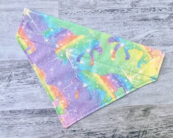 Unicorn Print Dog Bandana: Colorful Silver Highlights, Over Collar