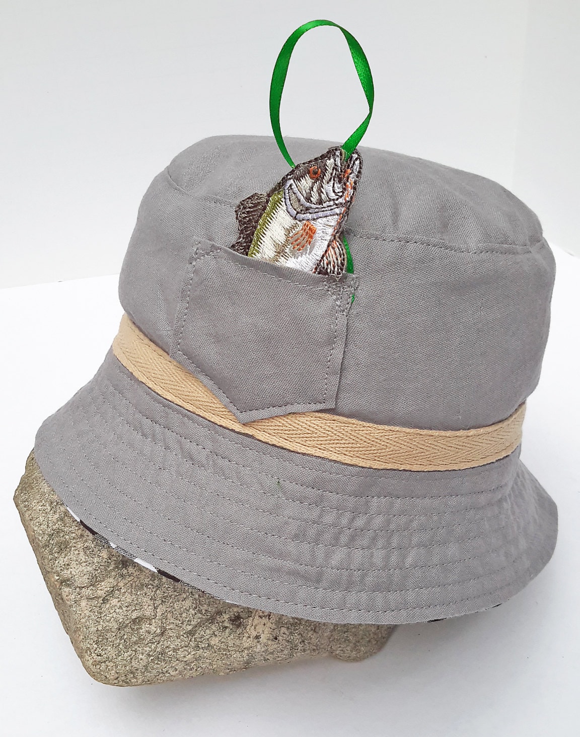 Fishing Bucket Hat: Gray Cotton Baby Sun Hat with Fish Applique