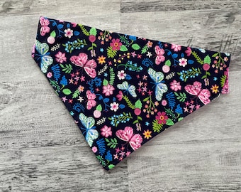 Butterflies and Flowers Dog Bandana, Reversible, slide on, 4 sizes, slip on, floral print, neckerchief, for pet, female, girl, dog