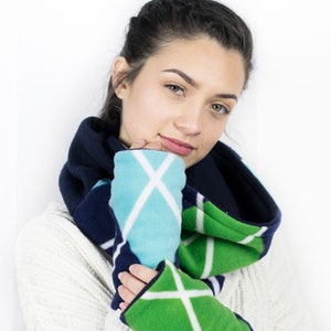 Blue Green Argyle Cowl Neck Scarf & Wrist Warmers, scarf, fleece neck warmer, winter accessory, neck gaiter, fingerless gloves gift under 30
