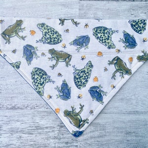Dog Bandana, Frogs, Denim, Over the collar, Reversible, slide on, 4 sizes, slip on, flannel, neckerchief, for pet, cat, dog scarf, froggy