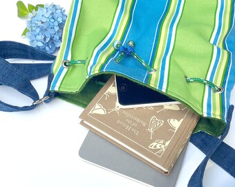 Striped Canvas Bucket Bag: Denim Strap, Felt Lining