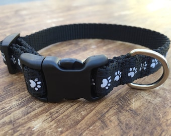 XS Dog Collar, Black Nylon with White Paw Prints