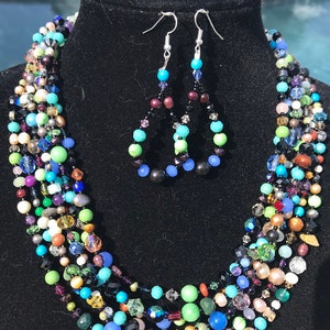 Happy Mother's Day Seven strands of semiprecious natural stones and Swarovski crystals necklace and earrings set vintage style, statement image 1