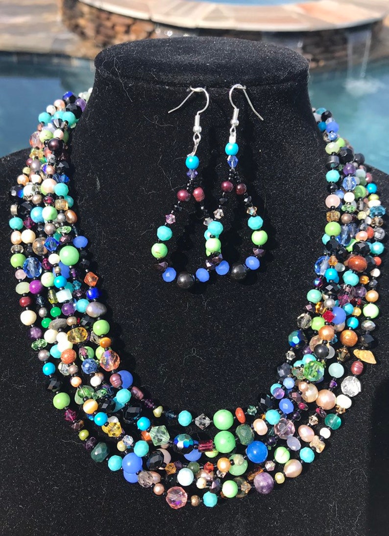 Happy Mother's Day Seven strands of semiprecious natural stones and Swarovski crystals necklace and earrings set vintage style, statement image 1
