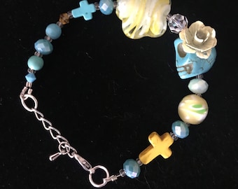 Dia De Los Muertos - Day of the Dead bracelet - skull with rose, flowers, artison glass bead, cross, crystals, turquoise and yellow, chunky