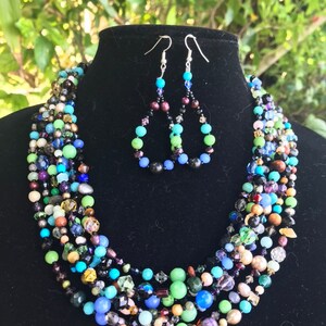 Happy Mother's Day Seven strands of semiprecious natural stones and Swarovski crystals necklace and earrings set vintage style, statement image 5