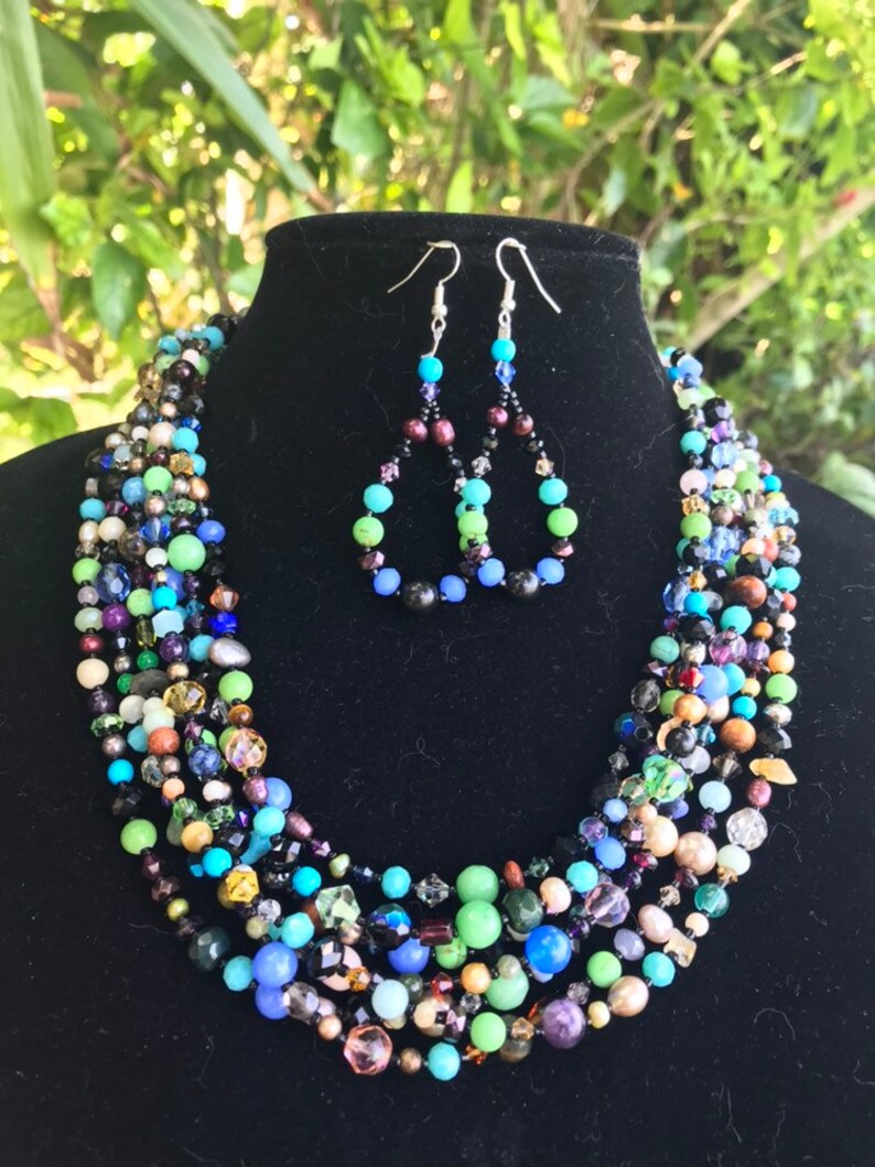 Happy Mother's Day Seven strands of semiprecious natural stones and Swarovski crystals necklace and earrings set vintage style, statement image 5