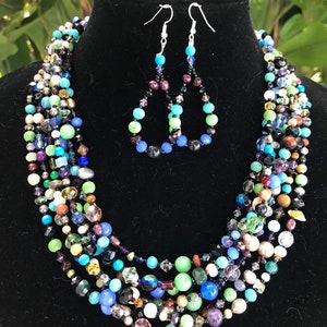 Happy Mother's Day Seven strands of semiprecious natural stones and Swarovski crystals necklace and earrings set vintage style, statement image 2