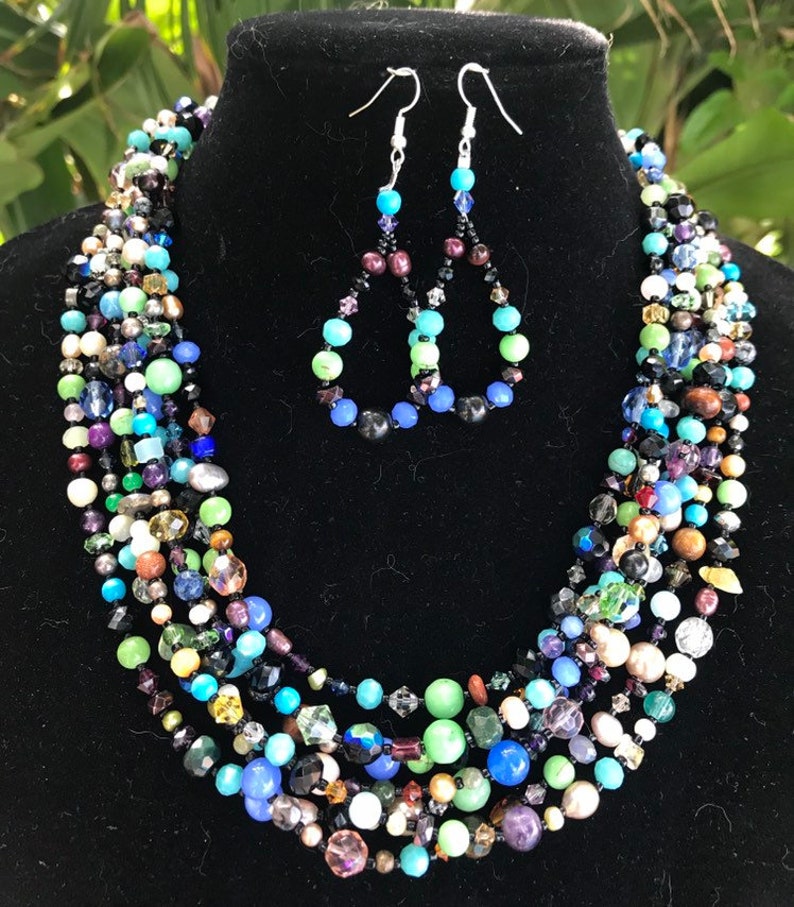 Happy Mother's Day Seven strands of semiprecious natural stones and Swarovski crystals necklace and earrings set vintage style, statement image 2