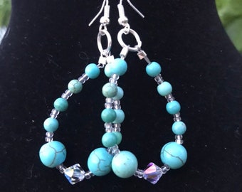 Teardrop shaped, dangle, beaded earrings on a french wire - turqoise howlite and Swarovski crystals- boho, chunky, cowgirl