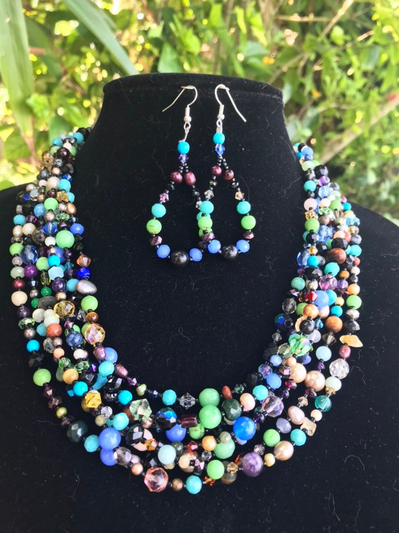 Happy Mother's Day Seven strands of semiprecious natural stones and Swarovski crystals necklace and earrings set vintage style, statement image 4