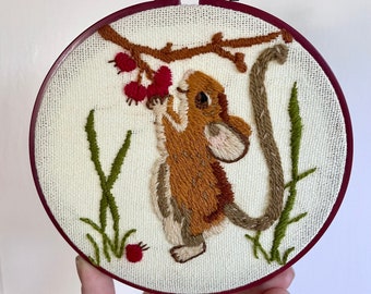 Vintage Mouse and Berries Crewel Embroidery