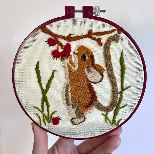 Vintage Mouse and Berries Crewel Embroidery