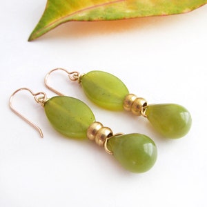 Green Olive Jade Gemstone Dangle Earrings with Gold Brass Beads, Artisan Handmade Natural Gemstone Jewelry, Modern Jewelry Gifts for Women