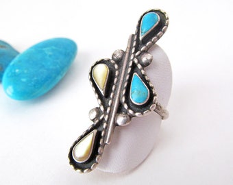 Turquoise Sterling Silver Ring, Vintage Native American Southwestern Jewelry, Mother of Pearl Ring, Big Bold Silver Ring, Multistone Ring