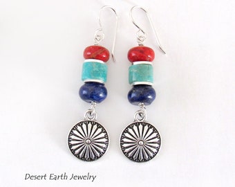 Concho Earrings with Turquoise, Red Coral & Lapis, Sundance Style / Southwestern Jewelry, Colorful Boho Southwest Dangle Earrings
