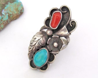 Bague turquoise en argent sterling du sud-ouest avec corail rouge, bijoux amérindiens vintage, grosse bague audacieuse multi-pierres