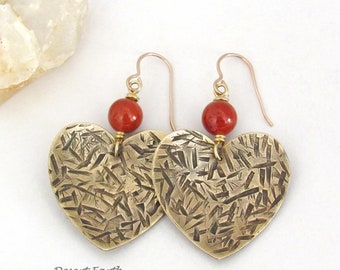 Boucles d'oreilles en forme de coeur en laiton doré avec pierres précieuses de jaspe rouge, cadeau 21e anniversaire, cadeaux bijoux fête des mères pour femme, maman, petite amie