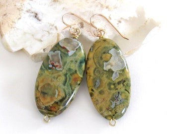 Large Green Rainforest Jasper Earrings, One of a Kind Earthy Natural Stone Jewelry, Big Long Gemstone Dangle, Artisan Handmade Jewelry