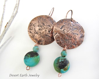 Rustic Hammered Copper Earrings with Natural Turquoise Stone Dangles, Handmade Artisan Metalwork Jewelry, Boho Bohemian Turquoise Jewelry