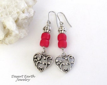 Silver Pewter Filigree Heart Earrings with Red Glass Beads, Valentine / Birthday / Anniversary Gifts for Wife, Mom, Girlfriend