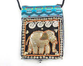 Sac bandoulière brodé éléphant à sequins vintage, accessoire de mode bohème hippie, petit sac à main, mode vintage ethnique éclectique