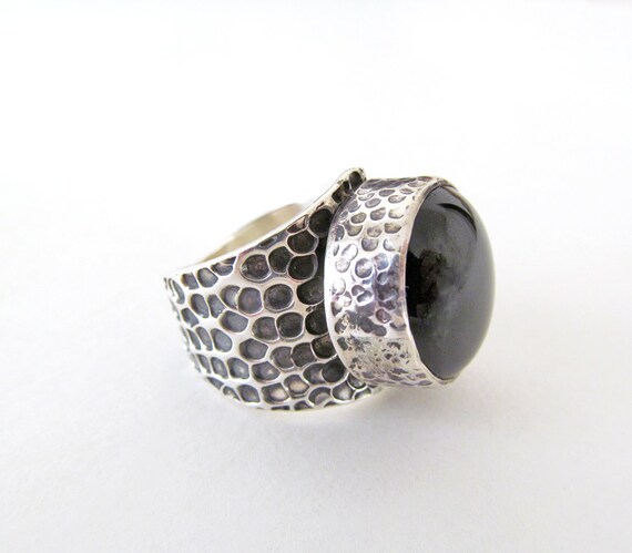 Thick Hammered Sterling Silver Ring with Black On… - image 2