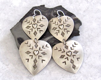 Big Sterling Silver Heart Shaped Concho Earrings, Vintage Native Style Southwestern Jewelry, Large Bold Southwest Statement Earrings