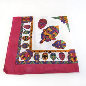 Vintage African Mask Print Scarf Bandana, Made in the USA, 100% Cotton, Afrocentric Fashion, Bright Colorful Head Scarf