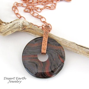 Tiger Iron Gemstone Pendant with Copper Chain Necklace, Rustic Earthy Natural Boho Stone Jewelry for Men or Women, Earth Tone Colors