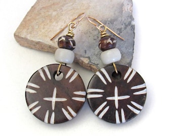 African Batik Carved Bone Earrings, Bohemian Boho Ethnic Tribal Handmade Jewelry, Big Bold Afrocentric Statement Earrings for Women