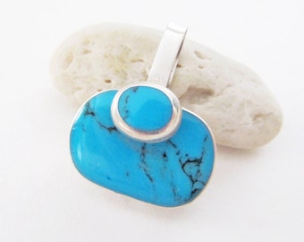 Turquoise Sterling Silver Pendant, Vintage Mexico 925 Silver & Turquoise Jewelry, Blue Stone Pendant, Unique Gifts for Turquoise Lovers