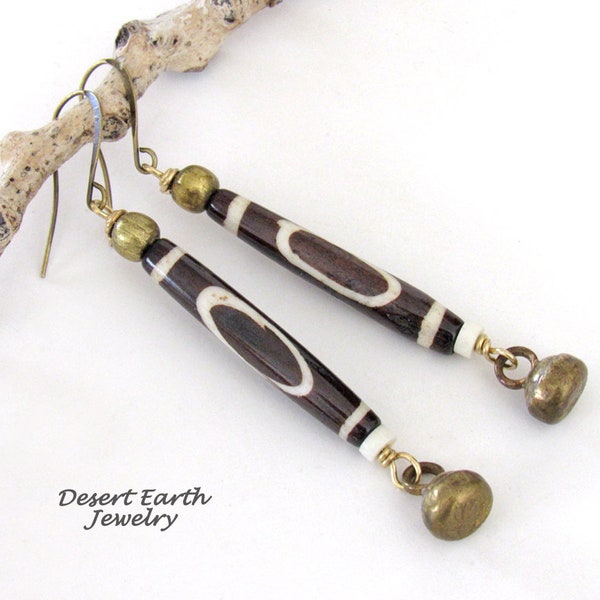 Long African Batik Bone Bead Earrings with Antiqued Brass Bell Dangles, Artisan Handmade Jewelry, Ethnic Tribal Boho Hippie Earrings