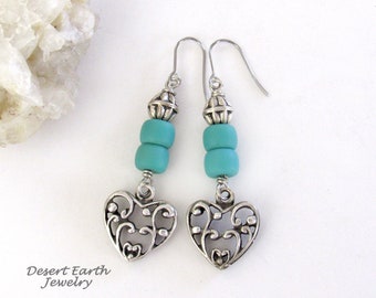 Silver Pewter Filigree Heart Earrings with Blue Turquoise Color Glass Beads, Birthday / Anniversary / Mother's Day Jewelry Gifts for Women
