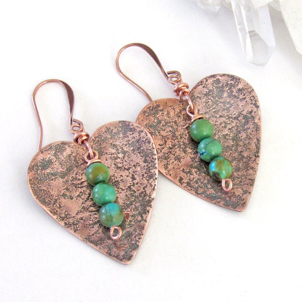 Rustic Copper Heart Earrings with Turquoise Stone Dangles, Artisan Handmade Metalwork Jewelry, 7th Wedding Anniversary Gifts for Wife