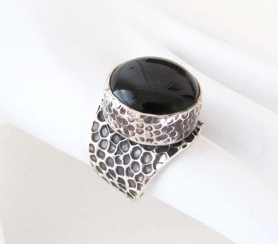 Thick Hammered Sterling Silver Ring with Black On… - image 1