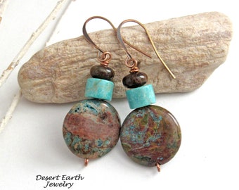 Boucles d'oreilles en jaspe avec turquoise, bronzite et cuivre, pendentif pierre marron bleu, bijoux turquoise style bohème terreux, artisan fait main