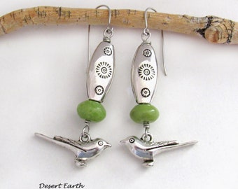 Pewter Bird Dangle Earrings with Green Serpentine Gemstones and Silver Tone Beads, Fun Cute Unique Nature Jewelry Gifts for Bird Lovers