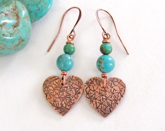 Turquoise and Copper Heart Earrings, Mother's Day Jewelry Gifts, Small Petite Size Dangle, 7th Wedding Anniversary Gift for Wife