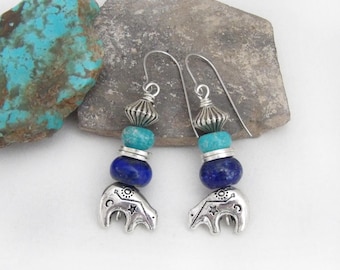 Zuni Bear Earrings: Turquoise Lapis Gemstone, Southwestern Style