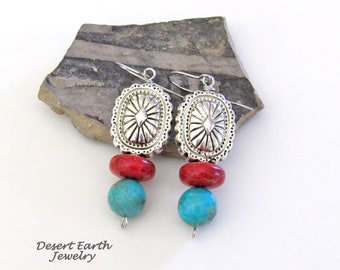 Southwest Concho Earrings with Turquoise & Red Coral, Sundance / Southwestern Style Jewelry, Handmade Colorful Boho Dangle Earrings